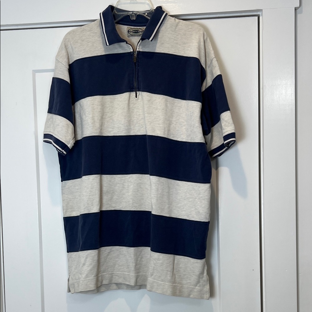 County Seat vintage Blue and White Striped half zip Polo Shirt size large.